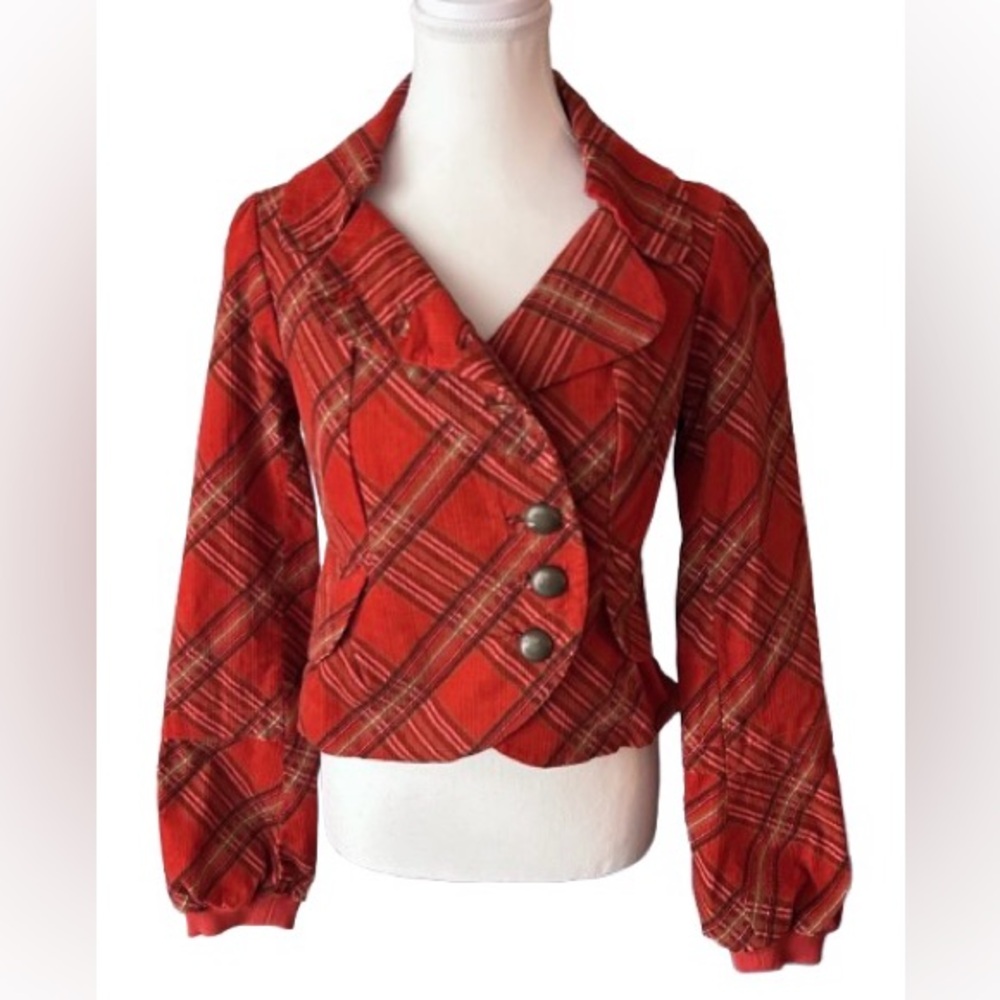 Anthropologie Taikonhu Johnny Plaid Orange Red Plaid Blazer Jacket Cotton XS 2